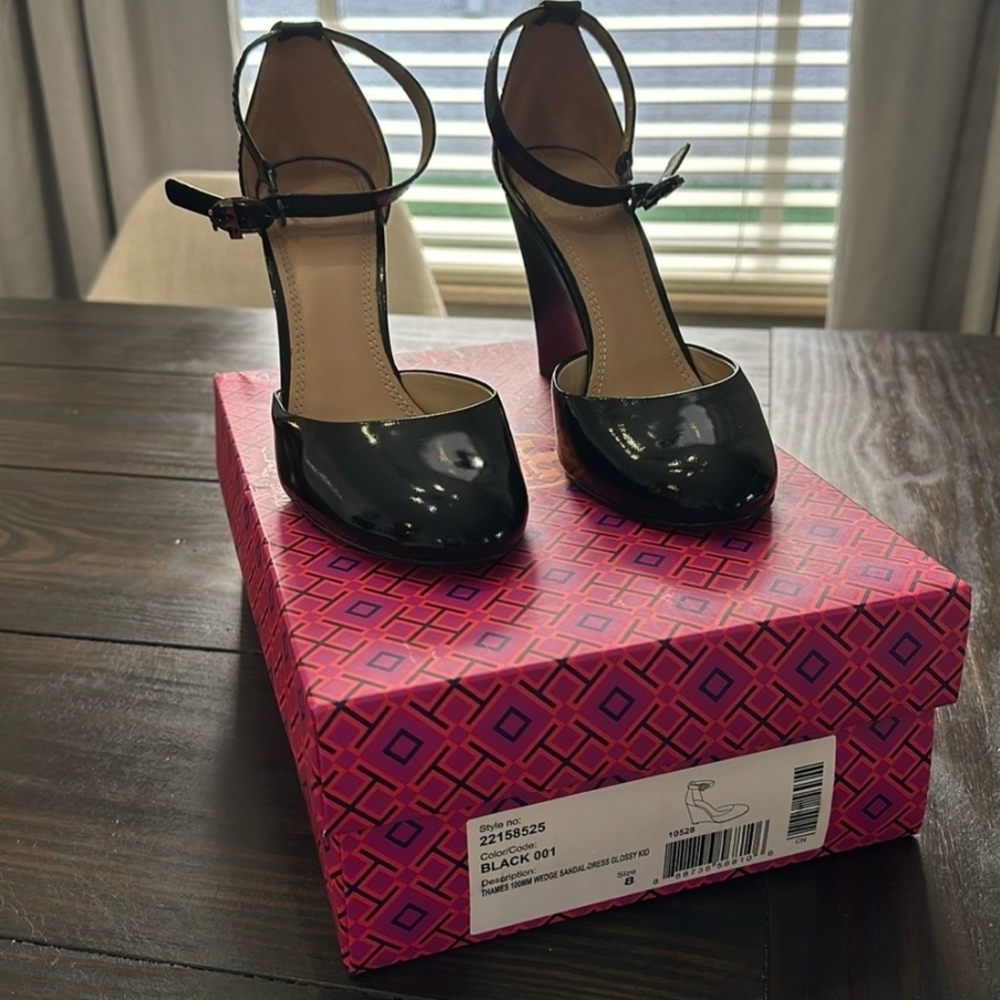 Tory Burch Black Patent Leather Heels Thames 100MM with Ankle Strap